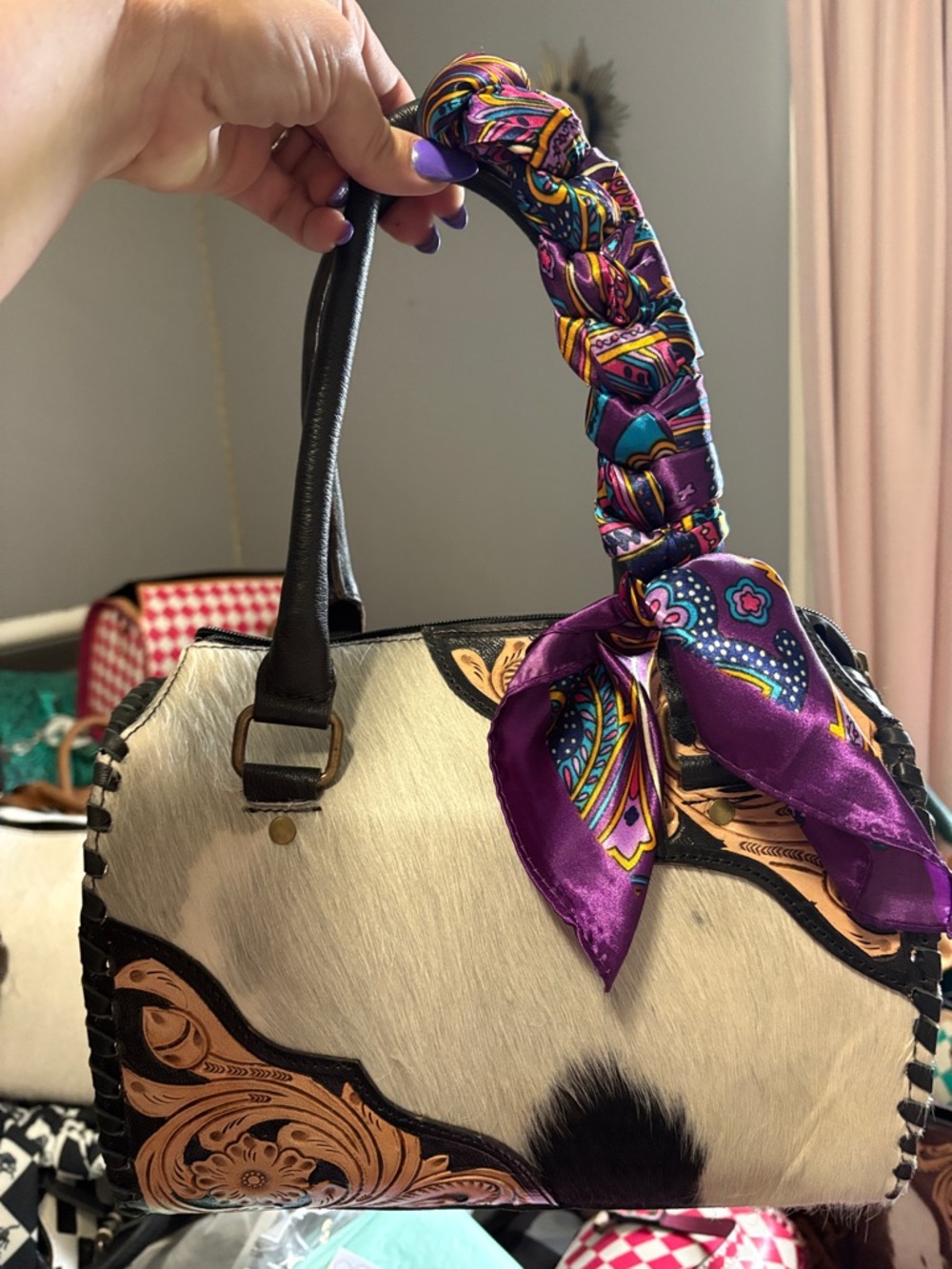 Women’s Black & White Patterned Medium Speedy with Purple Scarf Accent